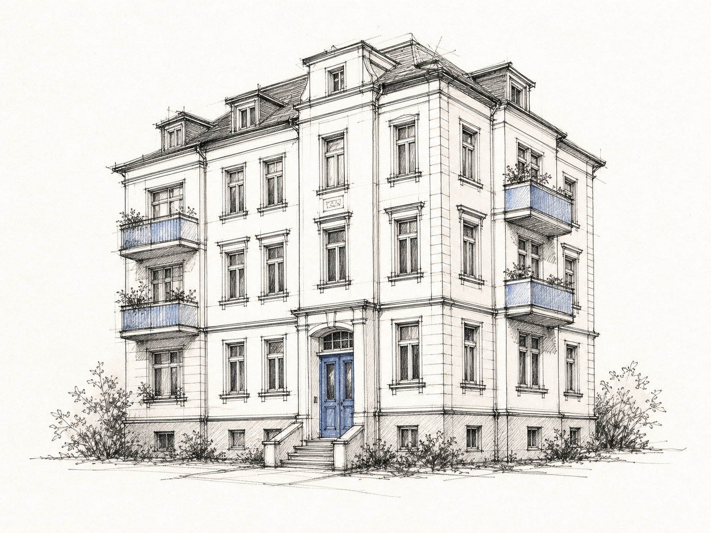 Handgezeichnete Fineliner-Skizze des Mehrfamilienhauses Kantstraße 84